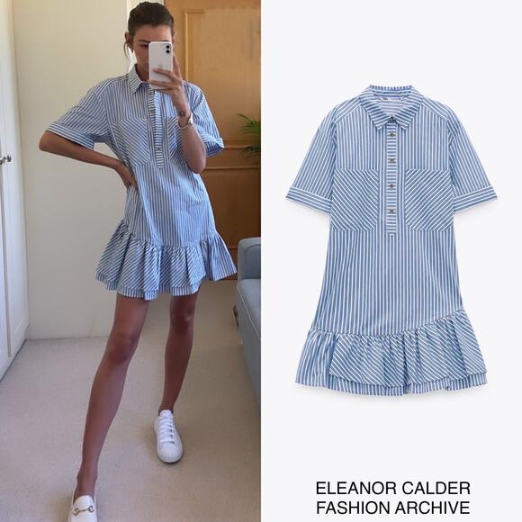 EUC Zara Blue White Striped Mini Shirtdress Size M Ruffle Hem Cotton Poplin - Picture 10 of 16